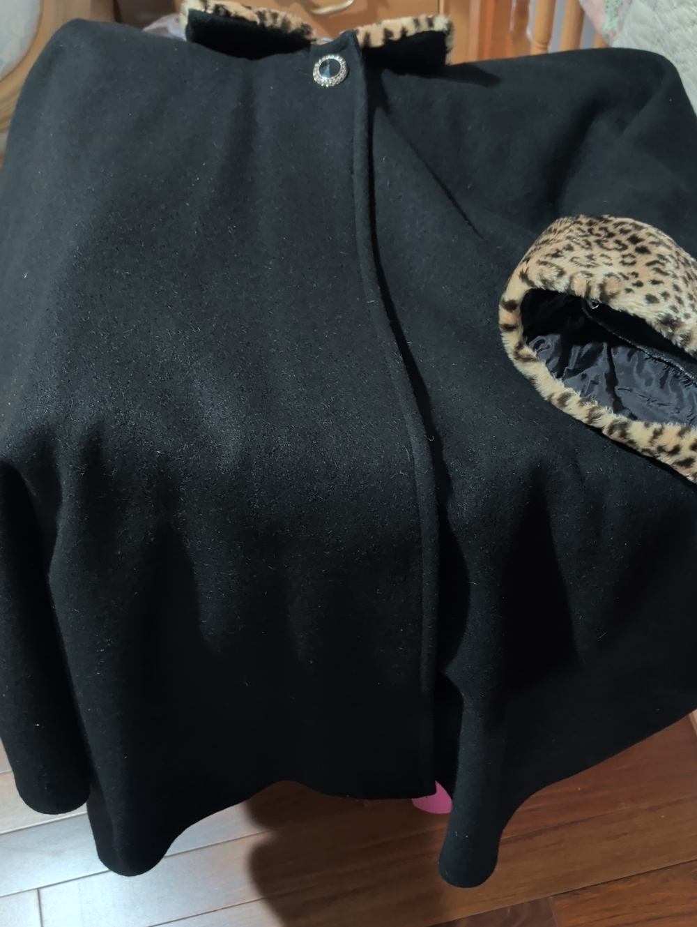 Black Women's Wool Coat with Leopard Trim